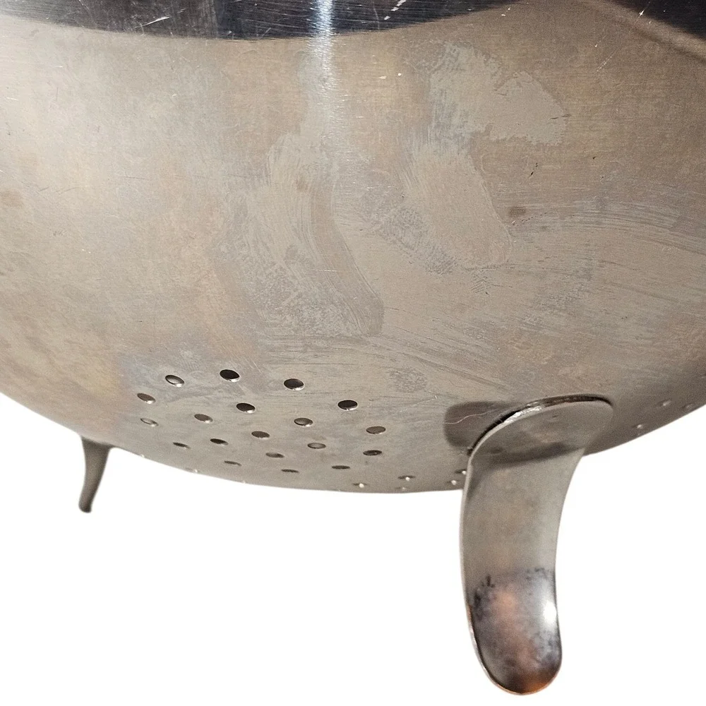MCM 50s Vintage Stainless Steel Footed Colander Black Bakelite Handles Strainer